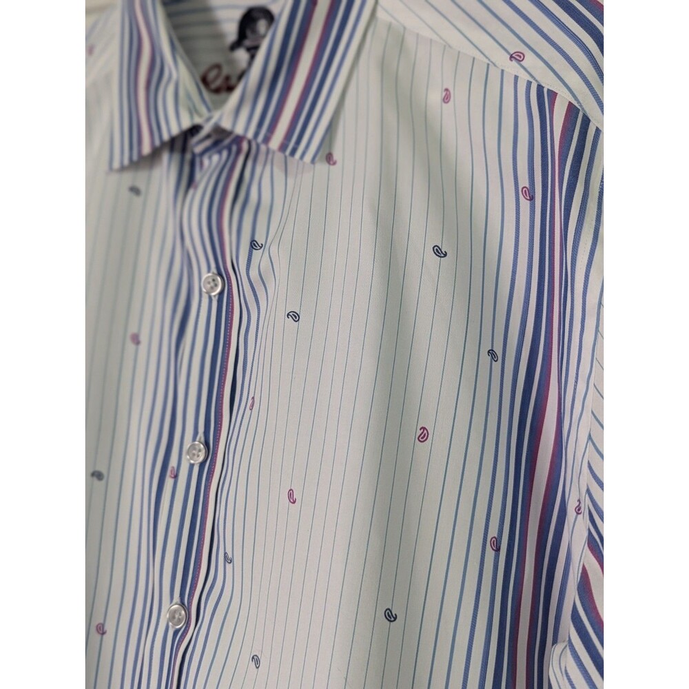 Robert Graham Button Up Shirt Mens Large White Blue Paisley Striped Flip Cuff - Picture 2 of 9